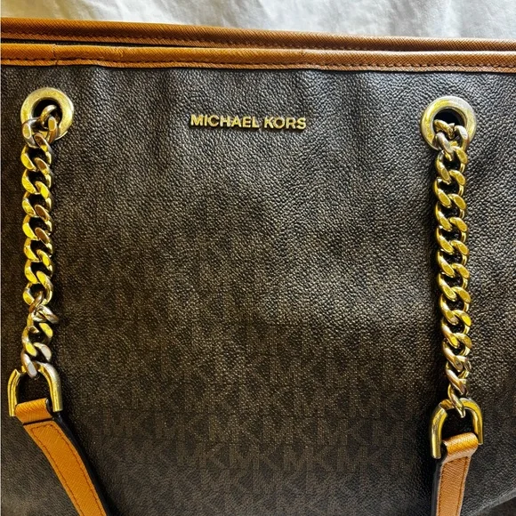 Michael Kors Jet Set Travel Brown Logo Coated Canvas Chain Tote Bag - Picture 7 of 16